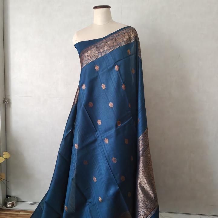 Banarasi Raw Silk Mix Saree in Peacock Blue with Antique Copper Zari Buttis & Brocade Border