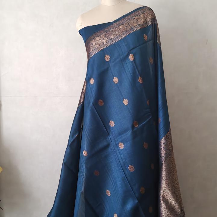 Banarasi Raw Silk Mix Saree in Peacock Blue with Antique Copper Zari Buttis & Brocade Border