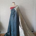 Banarasi Tissue Mix Saree in Patli Pallu Design – Peacock Blue Grid Pleats & Shimmering Silver Tissue Pallu