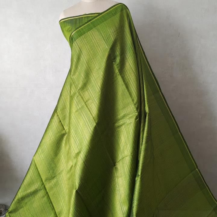 Dupion Silk Saree in Olive Green with All-Over Gold Zari Weave & Self Border