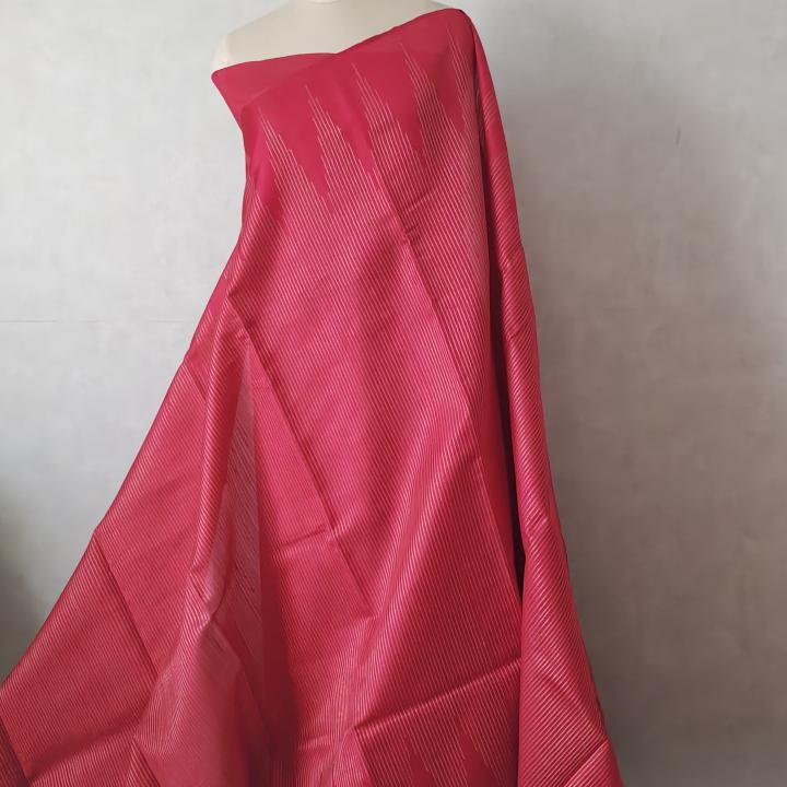Dupion Silk Saree in Rani Pink with Gold Zari Pinstripes & Chevron Detailing