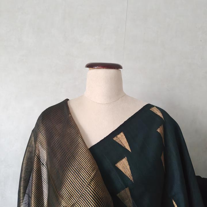 Dupion Silk Saree in Bottle Green with Geometric Triangular Zari Motifs