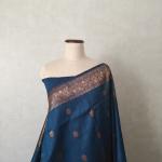 Banarasi Raw Silk Mix Saree in Peacock Blue with Antique Copper Zari Buttis & Brocade Border