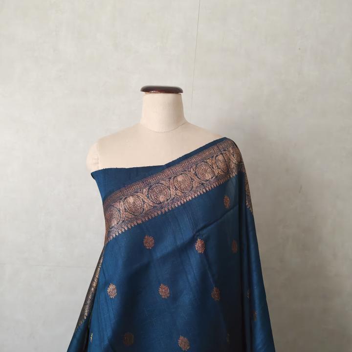Banarasi Raw Silk Mix Saree in Peacock Blue with Antique Copper Zari Buttis & Brocade Border