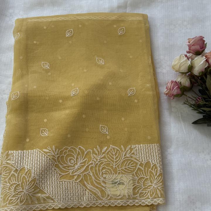 Sheer Mustard Yellow Organza Saree with Embroidered Floral Cutwork Border & Leaf Motifs