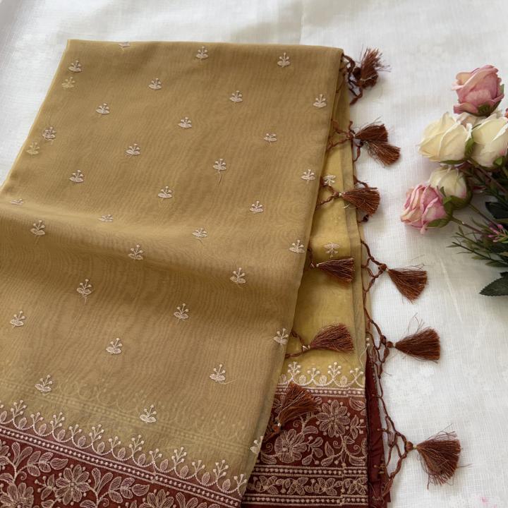 Beige & Red Organza Saree