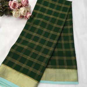 Bottle Green & Sea Green Zari Checked Silk Saree