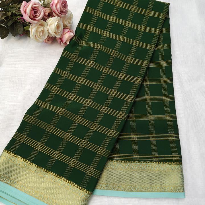 Bottle Green & Sea Green Zari Checked Silk Saree