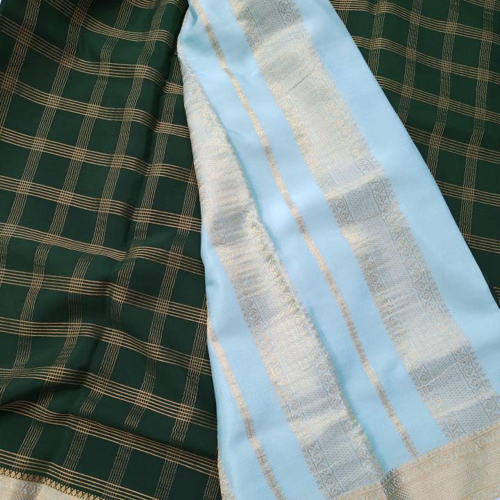 Bottle Green & Sea Green Zari Checked Silk Saree