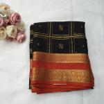 Black & Orange Zari Checked Silk Saree