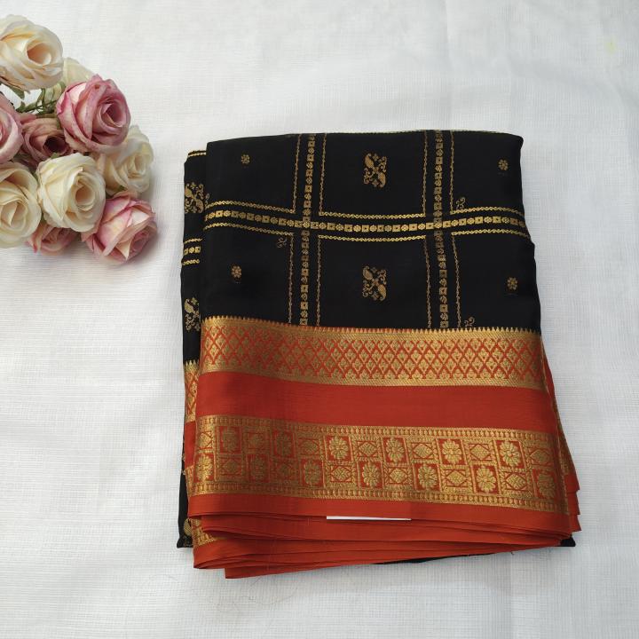Black & Orange Zari Checked Silk Saree