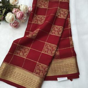 Crimson Red Gold Zari Checked Silk Saree