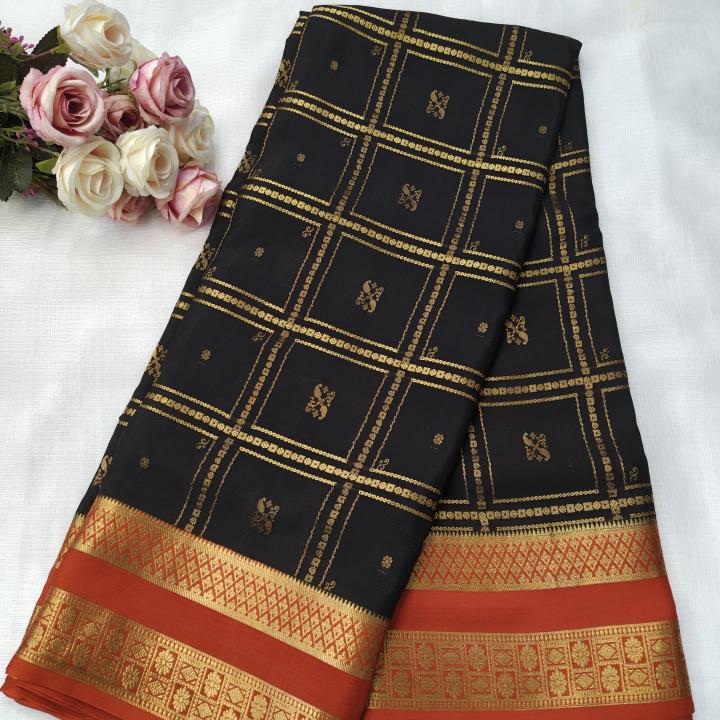 Black & Orange Zari Checked Silk Saree