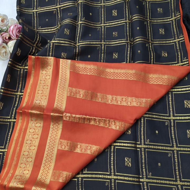 Black & Orange Zari Checked Silk Saree