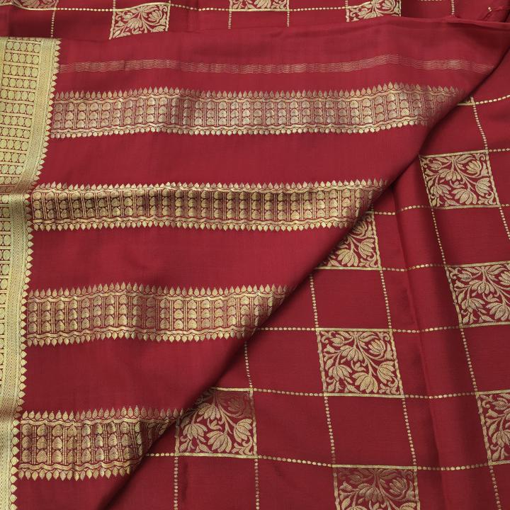 Crimson Red Gold Zari Checked Silk Saree