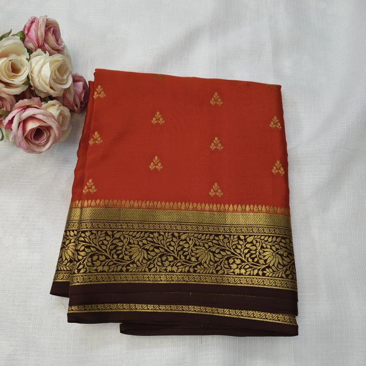 Rust Orange & Brown Gold Zari Floral Saree