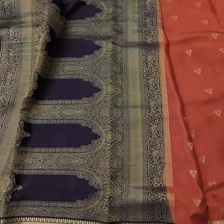 Rust Orange & Brown Gold Zari Floral Saree