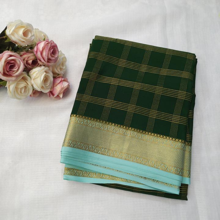 Bottle Green & Sea Green Zari Checked Silk Saree