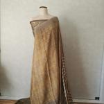 Pure Modal Silk Saree in Mustard Yellow & Taupe Grey with Floral Block Prints & Striped Pallu