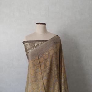 Pure Modal Silk Saree in Mustard Yellow & Taupe Grey with Floral Block Prints & Striped Pallu