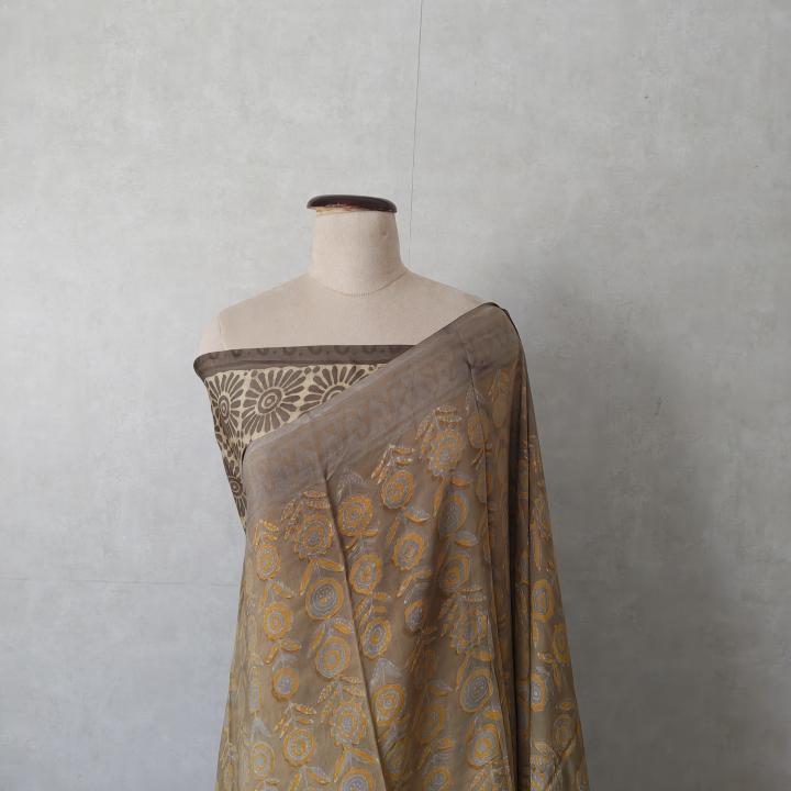 Pure Modal Silk Saree in Mustard Yellow & Taupe Grey with Floral Block Prints & Striped Pallu