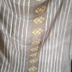 Pure Modal Silk Saree in Mustard Yellow & Taupe Grey with Floral Block Prints & Striped Pallu