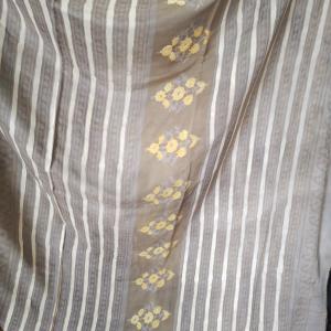 Pure Modal Silk Saree in Mustard Yellow & Taupe Grey with Floral Block Prints & Striped Pallu