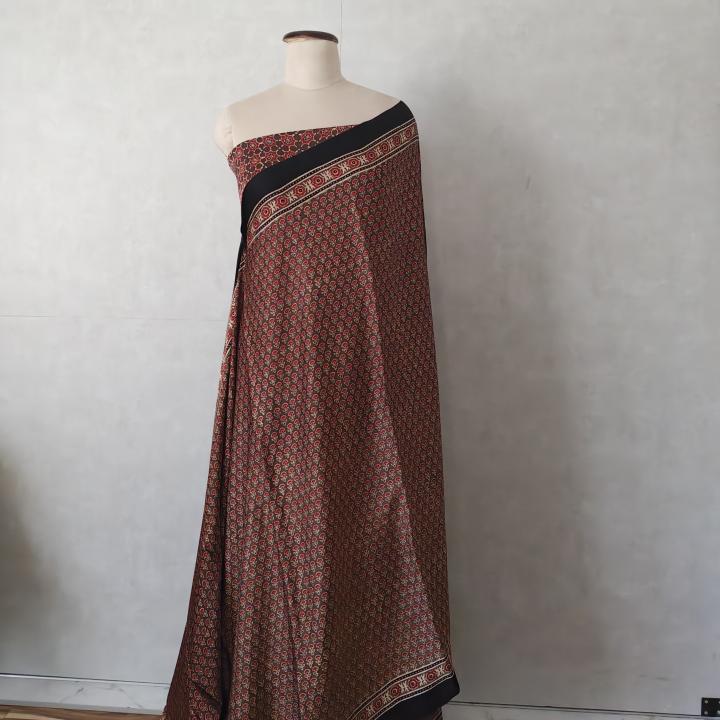 Pure Modal Silk Ajrakh Saree in Crimson & Black with Artisanal Block Prints & Geometric Border