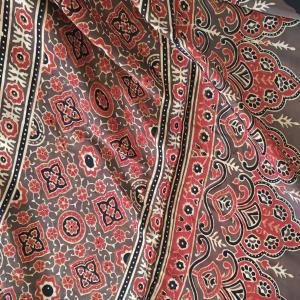 Pure Modal Silk Ajrakh Saree in Crimson & Black with Artisanal Block Prints & Geometric Border