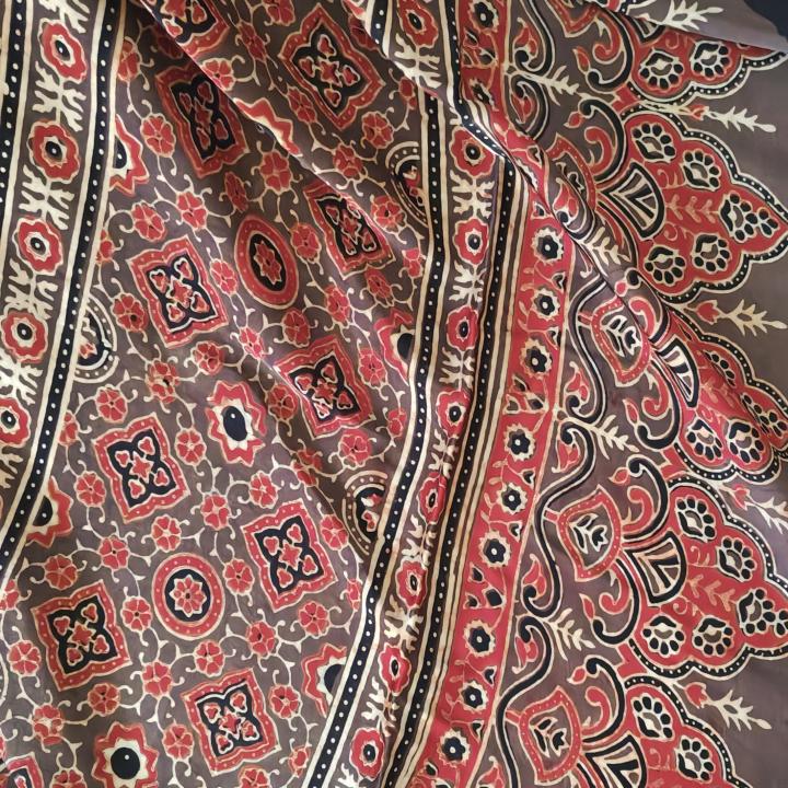 Pure Modal Silk Ajrakh Saree in Crimson & Black with Artisanal Block Prints & Geometric Border