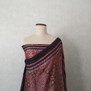 Pure Modal Silk Ajrakh Saree in Indigo, Rust Red & Black with Chevron Waves & Geometric Star Border