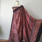 Pure Modal Silk Ajrakh Saree in Indigo, Rust Red & Black with Chevron Waves & Geometric Star Border