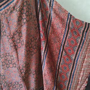 Pure Modal Silk Ajrakh Saree in Indigo, Rust Red & Black with Chevron Waves & Geometric Star Border