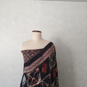 Pure Modal Silk Ajrakh Saree in Jet Black with Abstract Crackle Block Prints & Rich Geometric Pallu