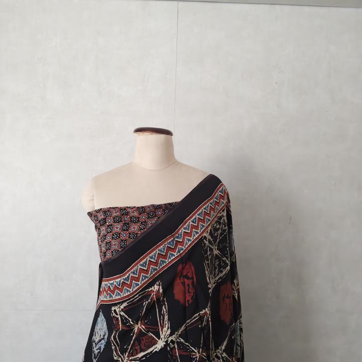 Pure Modal Silk Ajrakh Saree in Jet Black with Abstract Crackle Block Prints & Rich Geometric Pallu