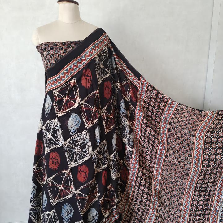 Pure Modal Silk Ajrakh Saree in Jet Black with Abstract Crackle Block Prints & Rich Geometric Pallu