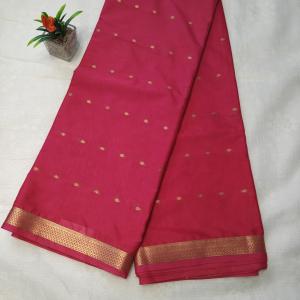 Semi Crepe Silk Saree in Rani Pink with Gold Zari Buttis & Classic Border