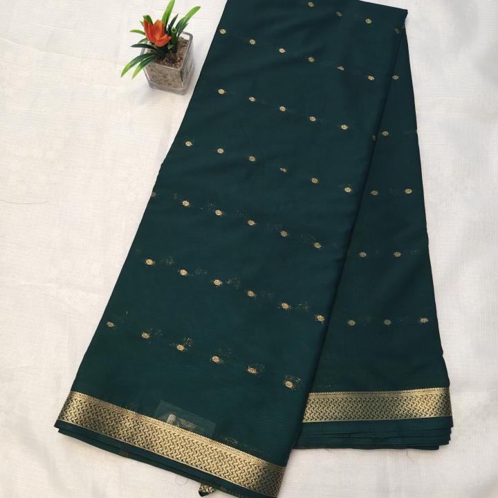 Semi Crepe Silk Saree in Rani Pink with Gold Zari Buttis & Classic Border