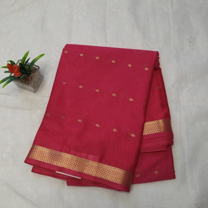 Semi Crepe Silk Saree in Rani Pink with Gold Zari Buttis & Classic Border