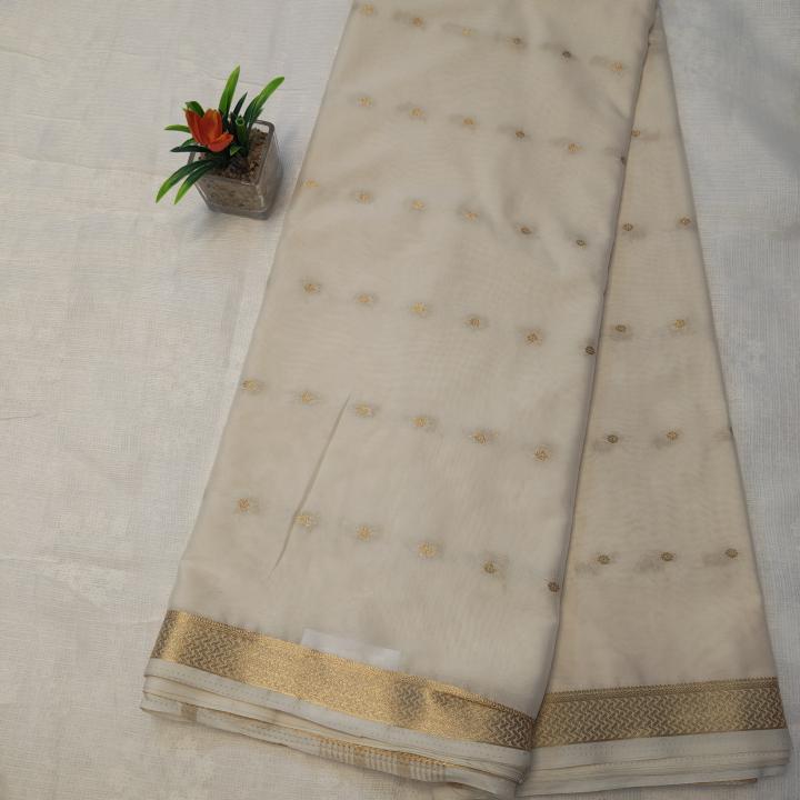 Semi Crepe Silk Saree in Rani Pink with Gold Zari Buttis & Classic Border