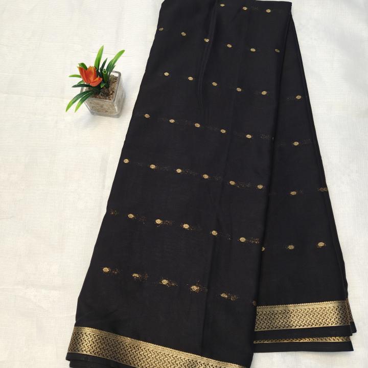 Semi Crepe Silk Saree in Rani Pink with Gold Zari Buttis & Classic Border