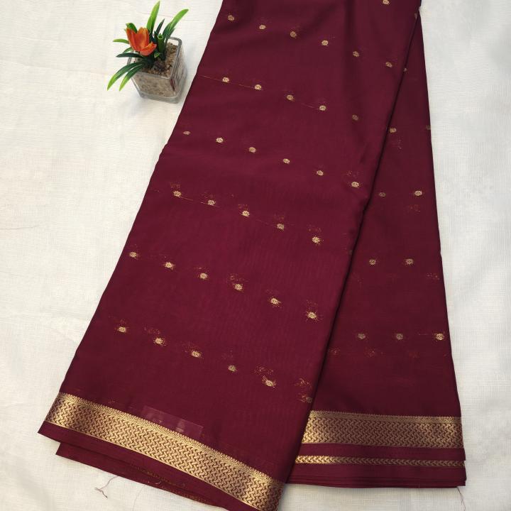 Semi Crepe Silk Saree in Rani Pink with Gold Zari Buttis & Classic Border
