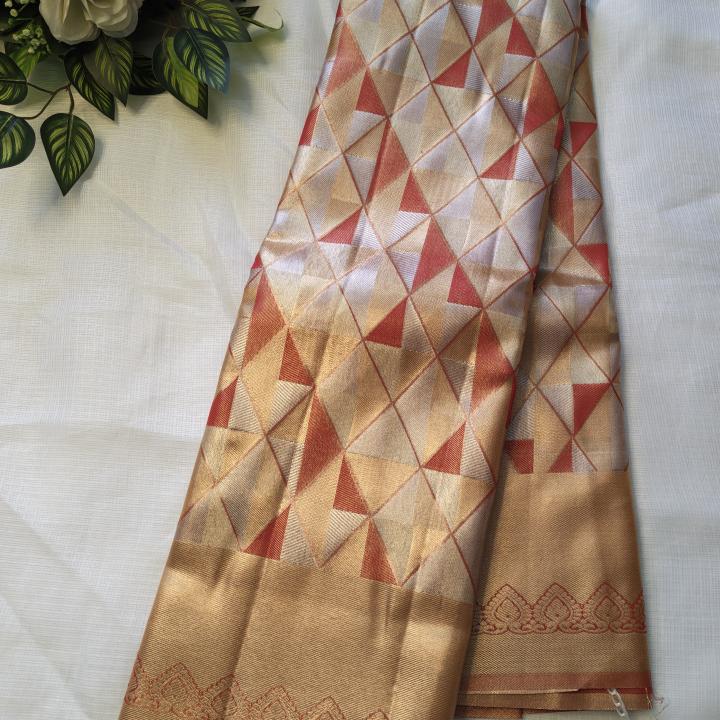 Semi Silk Saree with Geometric Prism Diamond Weave & Antique Gold Zari Border