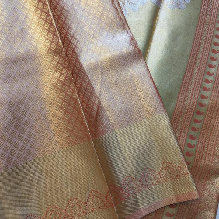 Semi Silk Saree with Geometric Prism Diamond Weave & Antique Gold Zari Border