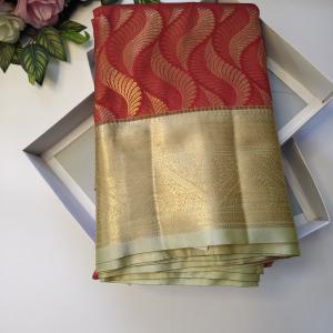 Semi Silk Saree in Crimson Red with Feather Wave Zari Weave & Rich Gold Border