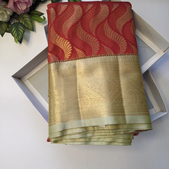 Semi Silk Saree in Crimson Red with Feather Wave Zari Weave & Rich Gold Border