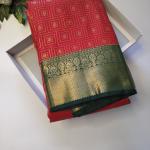 Semi Silk Saree in Bright Red with Gold Geometric Checks & Contrast Emerald Green Zari Border