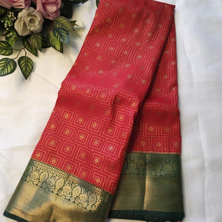 Semi Silk Saree in Bright Red with Gold Geometric Checks & Contrast Emerald Green Zari Border