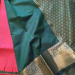 Semi Silk Saree in Bright Red with Gold Geometric Checks & Contrast Emerald Green Zari Border