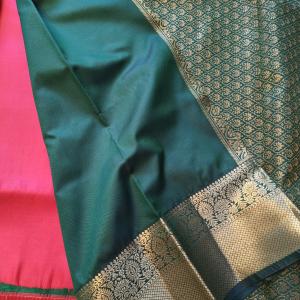 Semi Silk Saree in Bright Red with Gold Geometric Checks & Contrast Emerald Green Zari Border